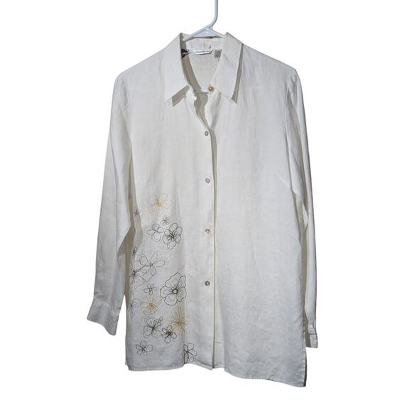 Vtg Richard Malcolm Irish Linen Ecru Embroidered Flowers Button Front Shirt Sz M - Picture 11 of 11